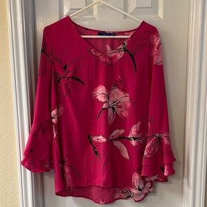Apt. 9 Fuchsia Floral V-Neck Ruffle Sleeve Blouse